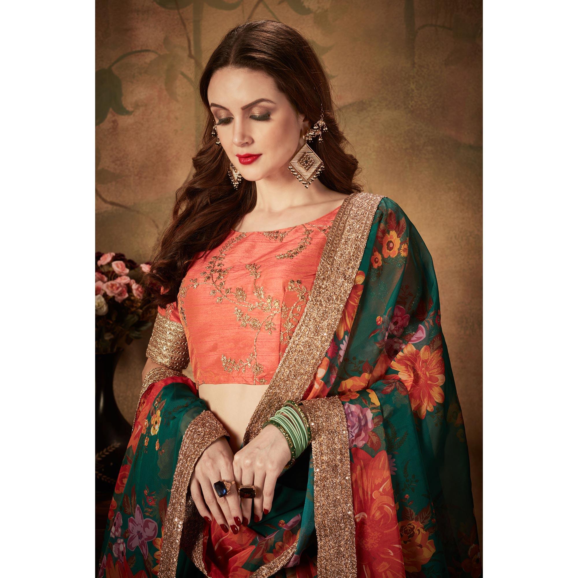 Green & Orange Partywear Floral Print With Sequins Embroidery Organza Lehenga Choli - Peachmode