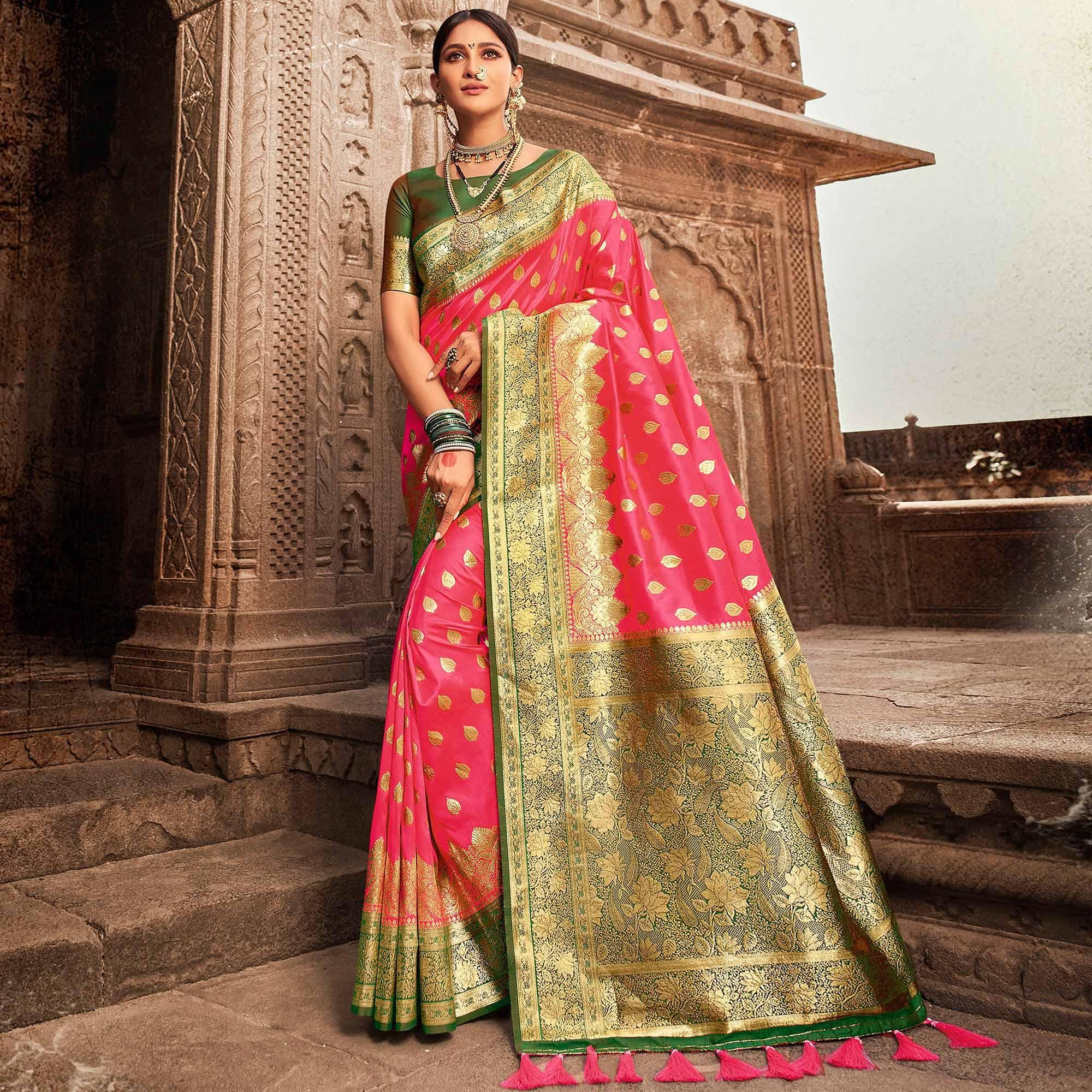 Green & Pink Festive Wear Woven Banarasi Silk Saree With Zari Border Pallu - Peachmode
