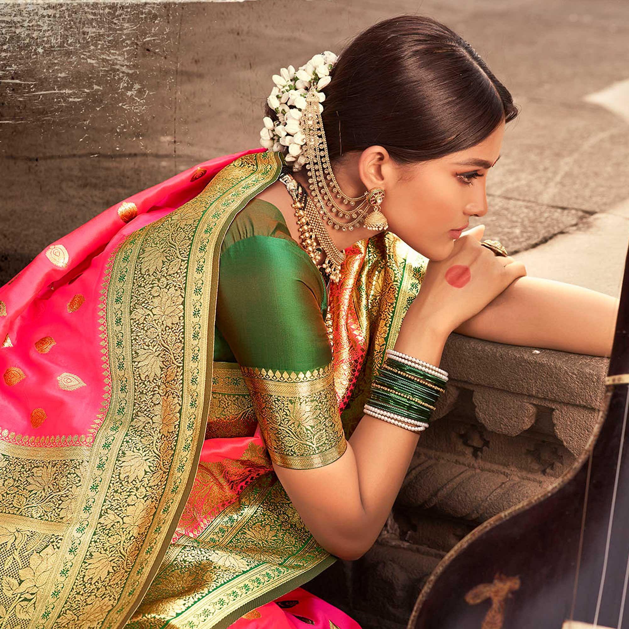 Green & Pink Festive Wear Woven Banarasi Silk Saree With Zari Border Pallu - Peachmode