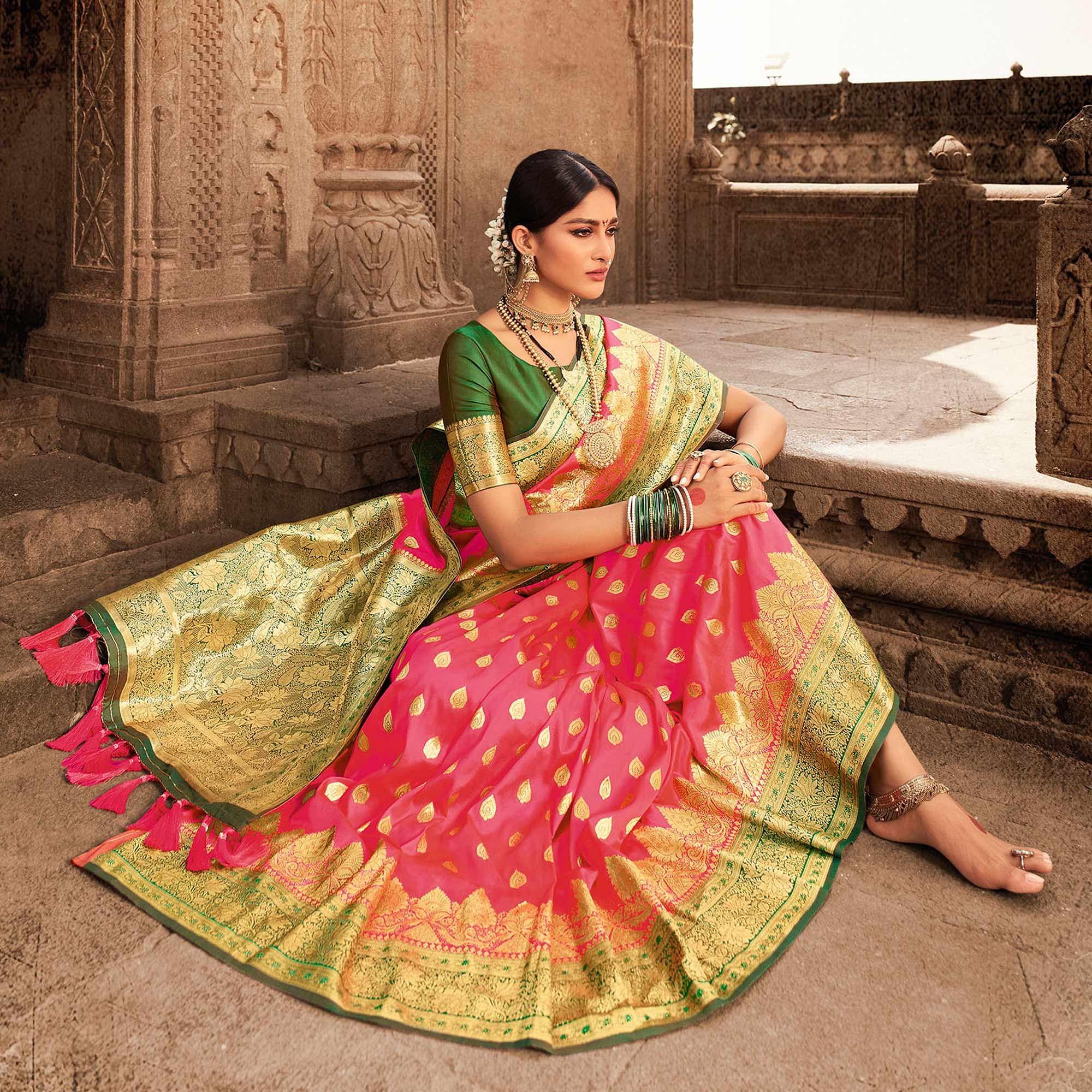 Green & Pink Festive Wear Woven Banarasi Silk Saree With Zari Border Pallu - Peachmode