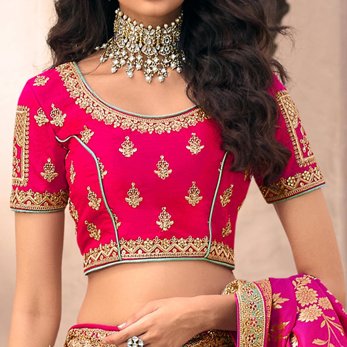 Green & Pink Wedding Wear Floral Embroidered With Woven Banarasi Silk Lehenga Choli - Peachmode