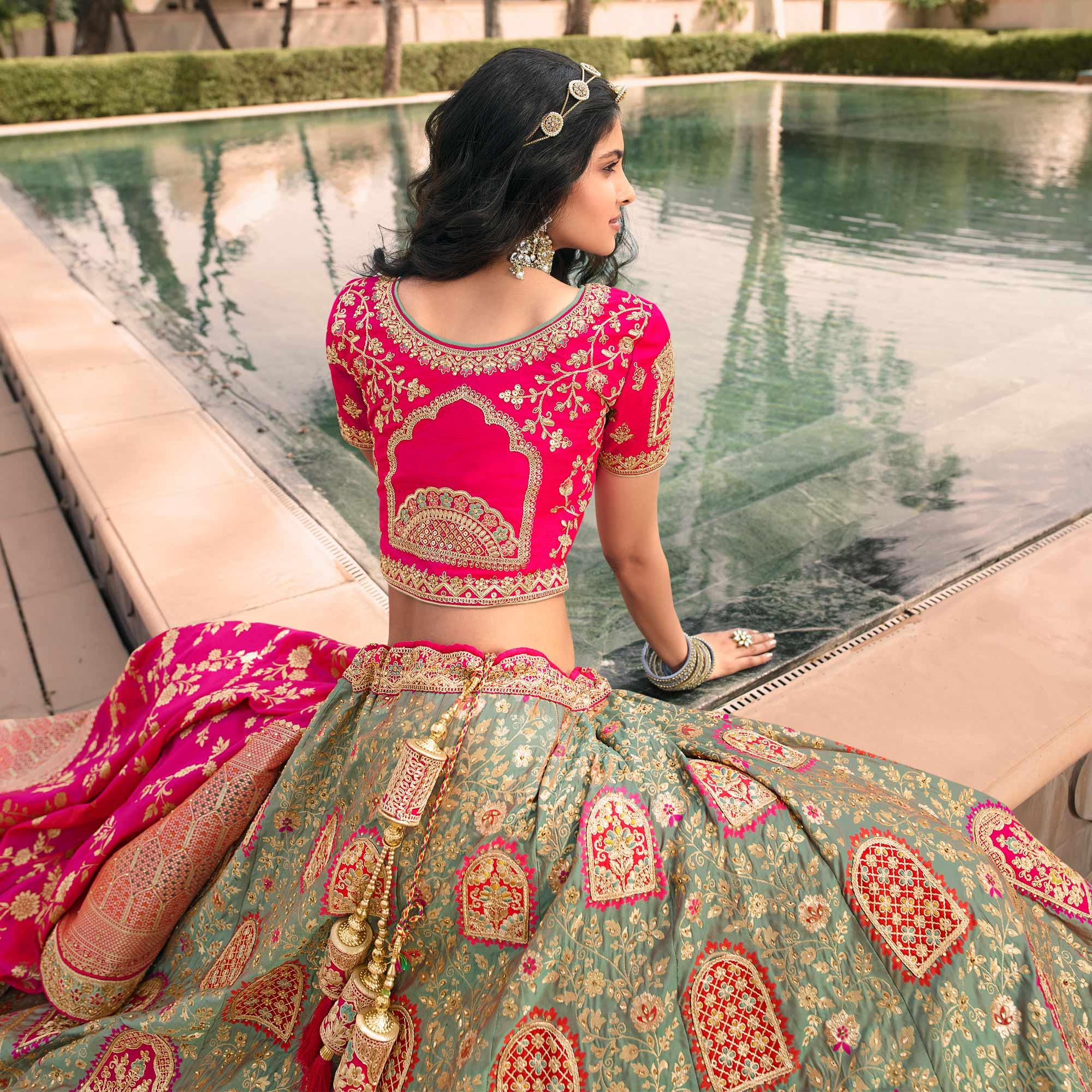 Green & Pink Wedding Wear Floral Embroidered With Woven Banarasi Silk Lehenga Choli - Peachmode