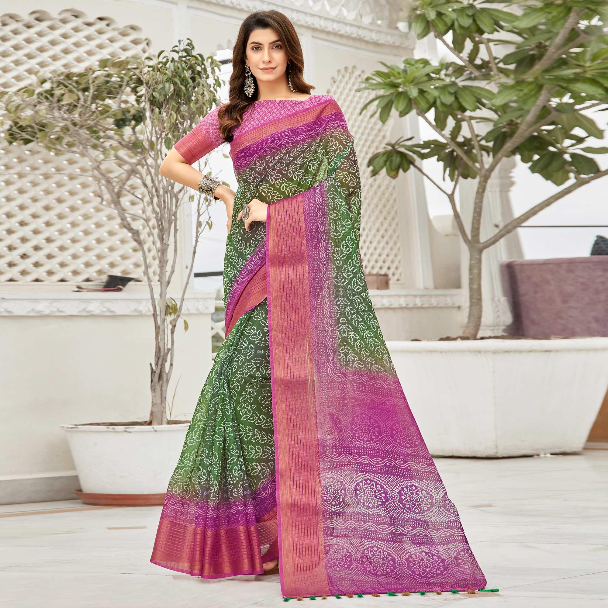 Green & Purple Casual Wear Printed Soft Linen Saree - Peachmode