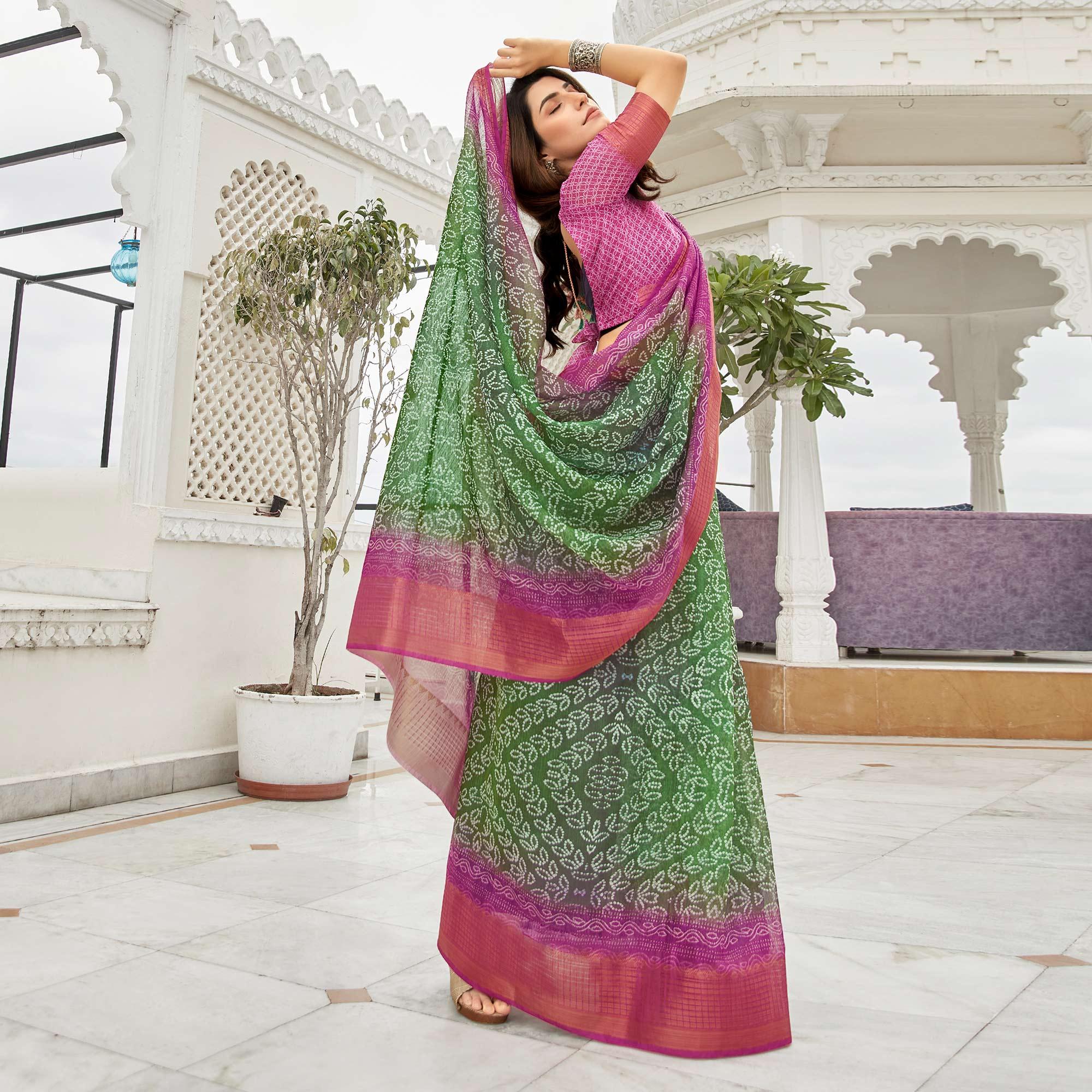 Green & Purple Casual Wear Printed Soft Linen Saree - Peachmode