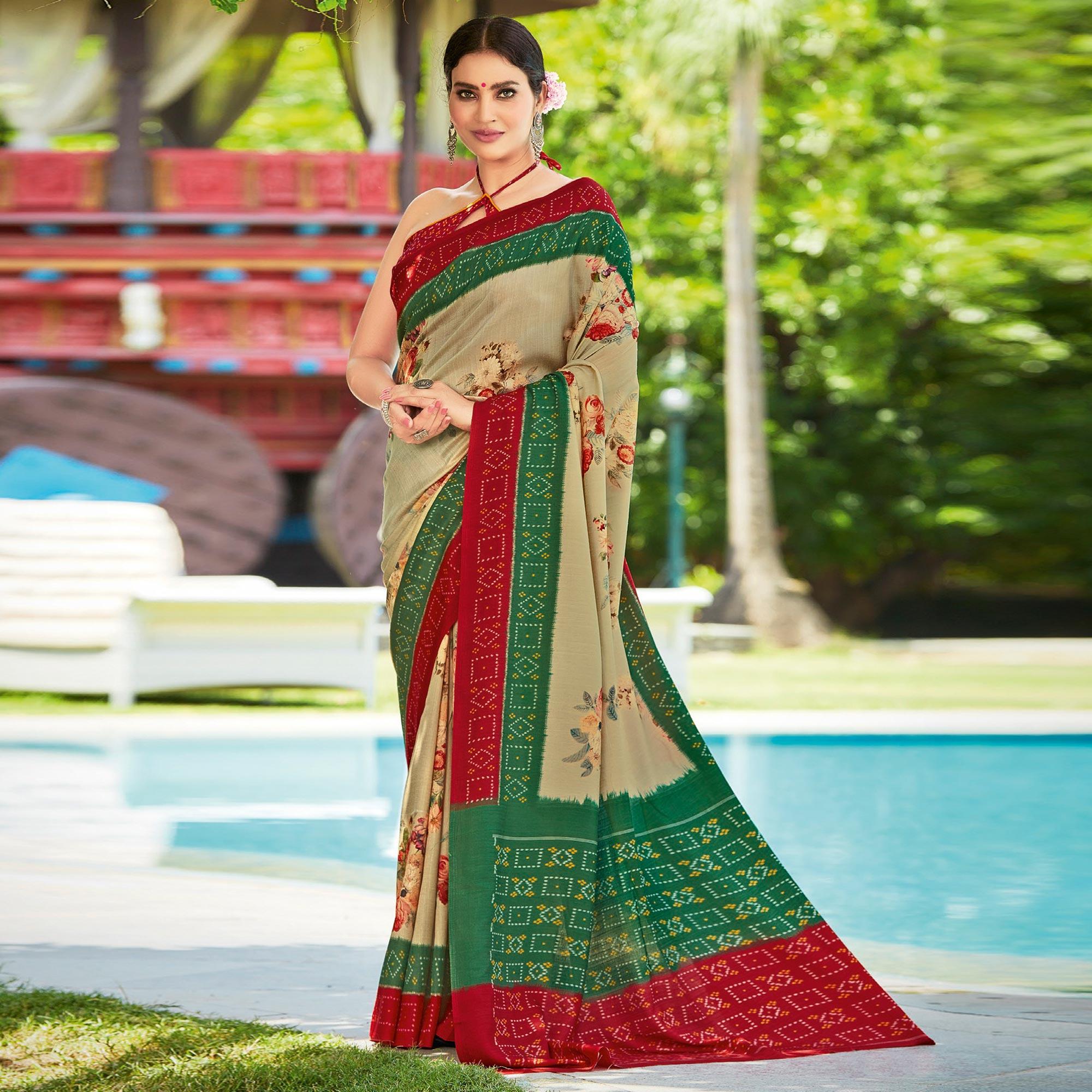 Green & Red Casual Wear Printed Silk Saree - Peachmode