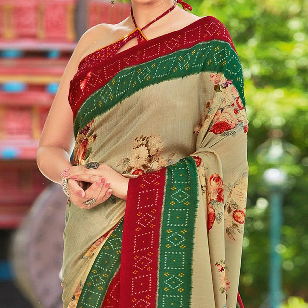 Green & Red Casual Wear Printed Silk Saree - Peachmode
