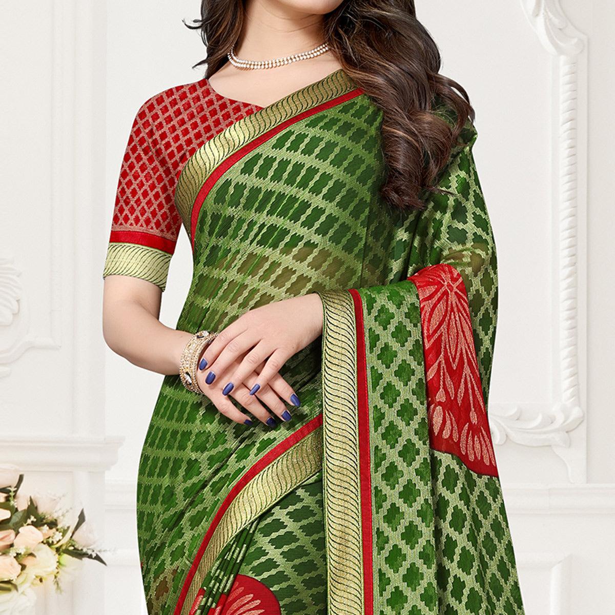 Green  & Red Festive Wear Checks Printed Chiffon Brasso Saree - Peachmode
