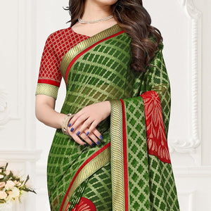 Green  & Red Festive Wear Checks Printed Chiffon Brasso Saree - Peachmode