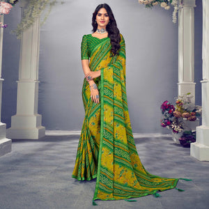 Green & Yellow Bandhani Printed Chiffon Saree With Tassels - Peachmode