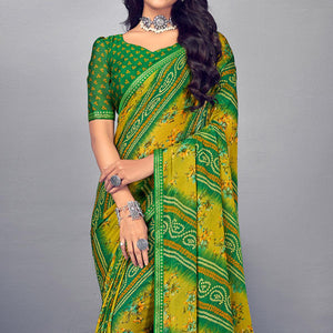 Green & Yellow Bandhani Printed Chiffon Saree With Tassels - Peachmode