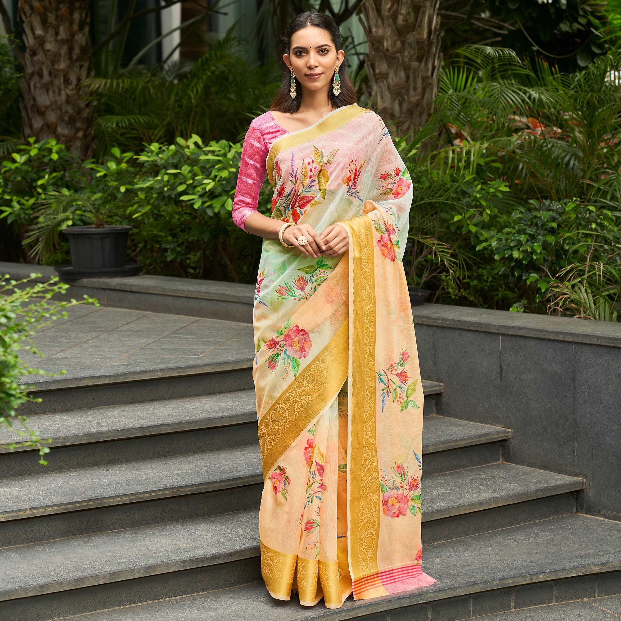 Green & Yellow Casual Wear Digital Printed Soft Organza Saree - Peachmode