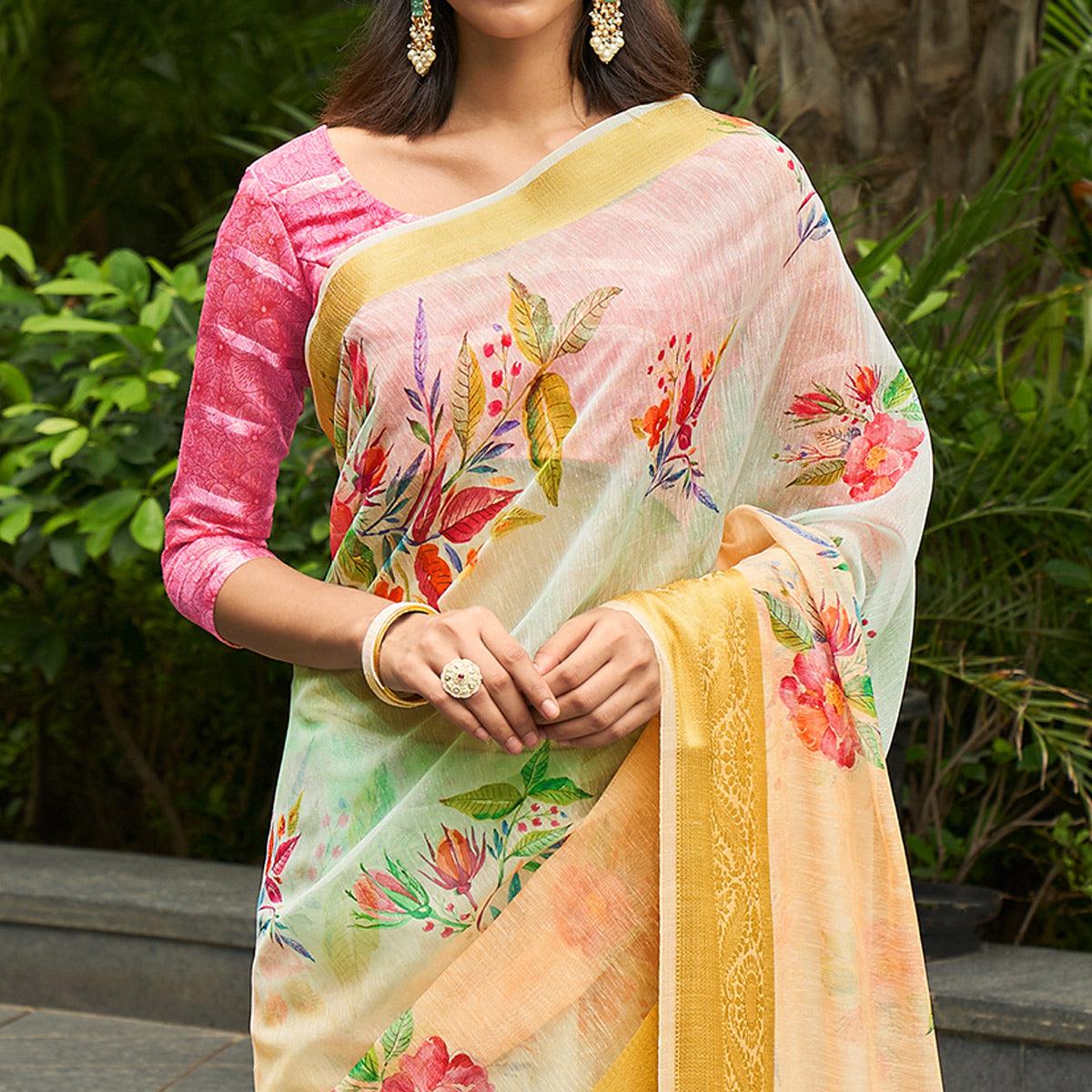Green & Yellow Casual Wear Digital Printed Soft Organza Saree - Peachmode