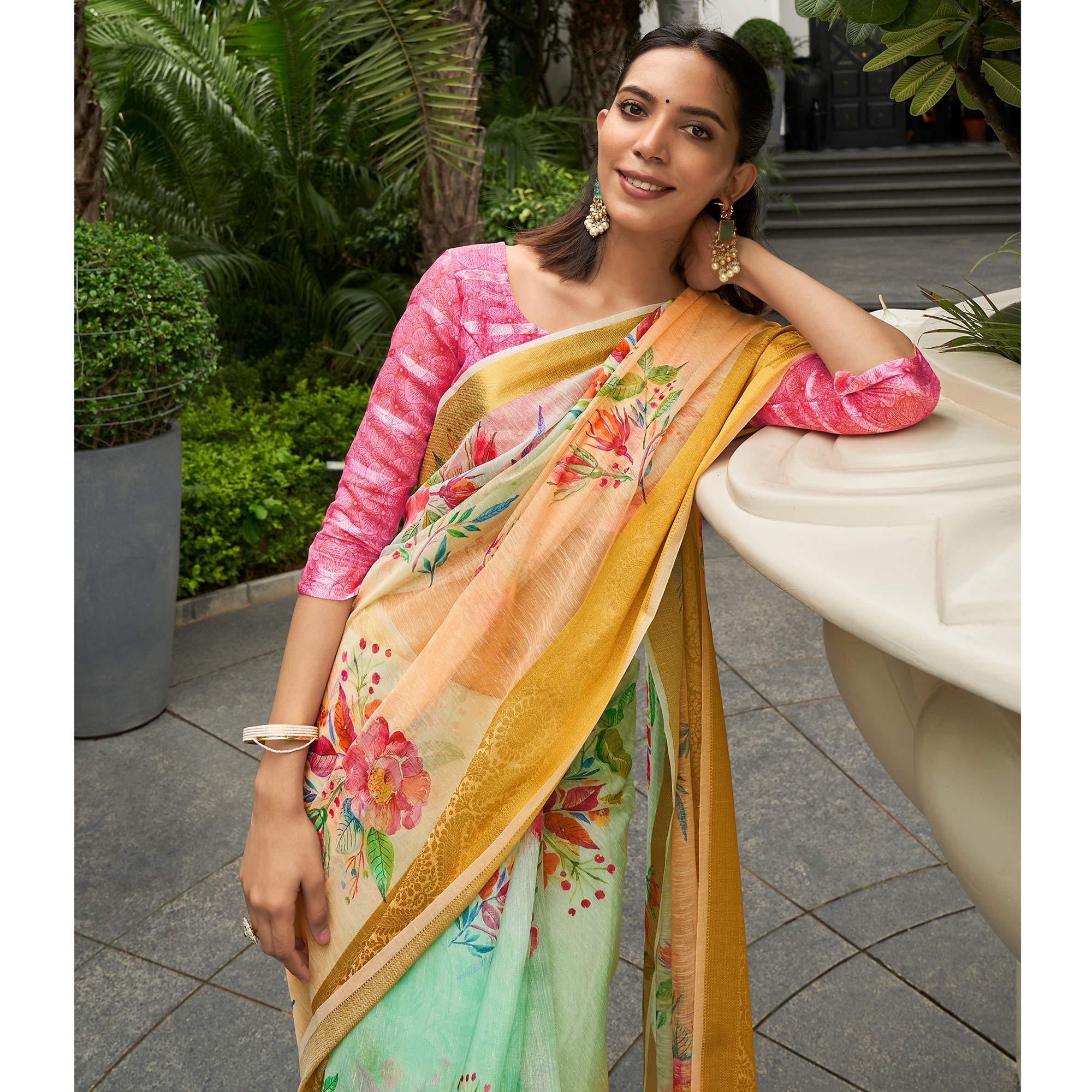 Green & Yellow Casual Wear Digital Printed Soft Organza Saree - Peachmode