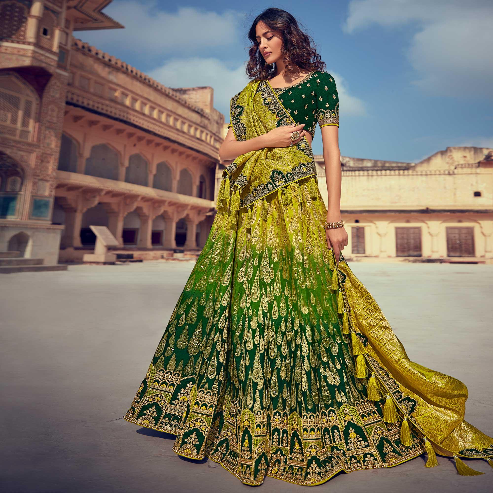 Green & Yellow Wedding Wear Woven & Embroidered Silk Lehenga Choli - Peachmode