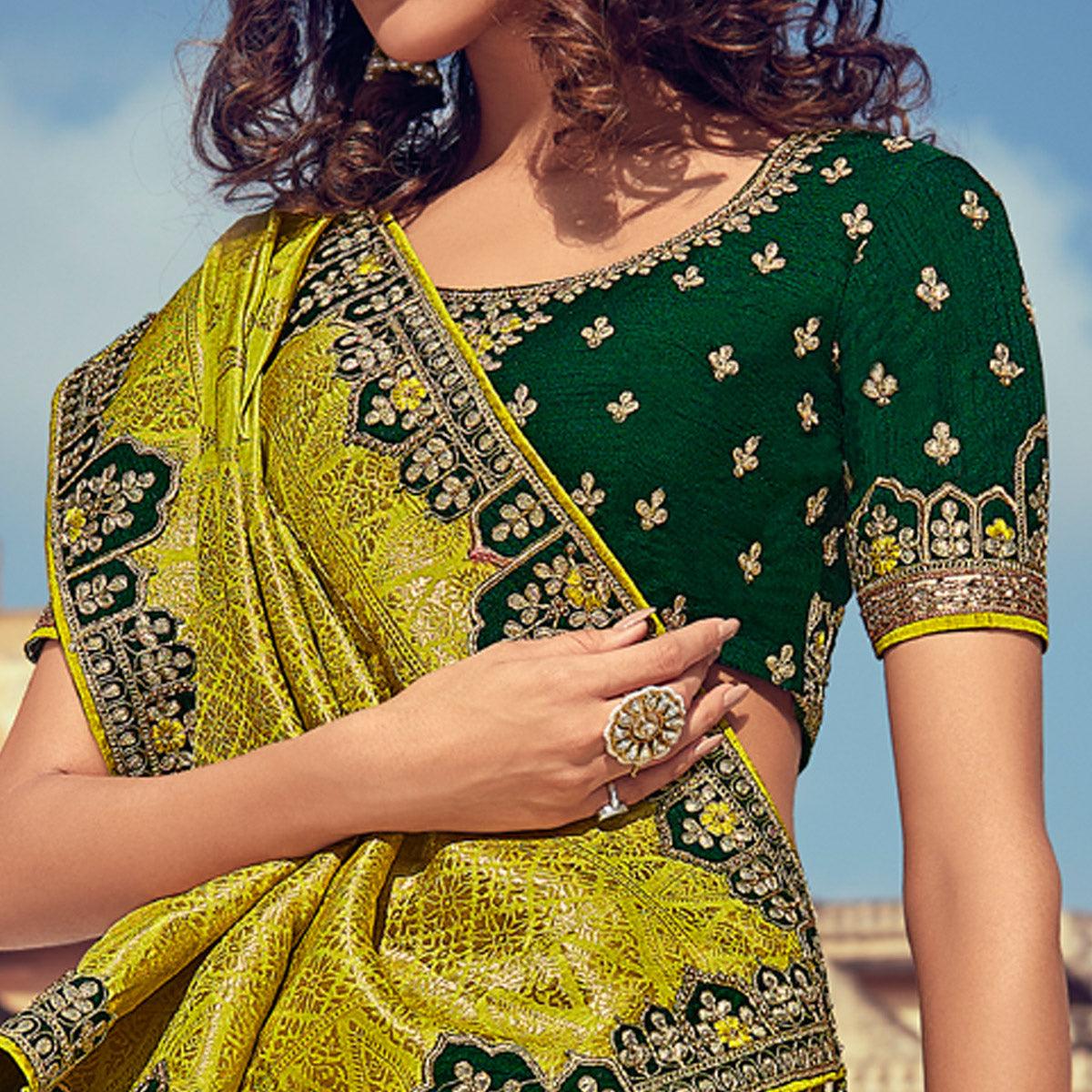Green & Yellow Wedding Wear Woven & Embroidered Silk Lehenga Choli - Peachmode