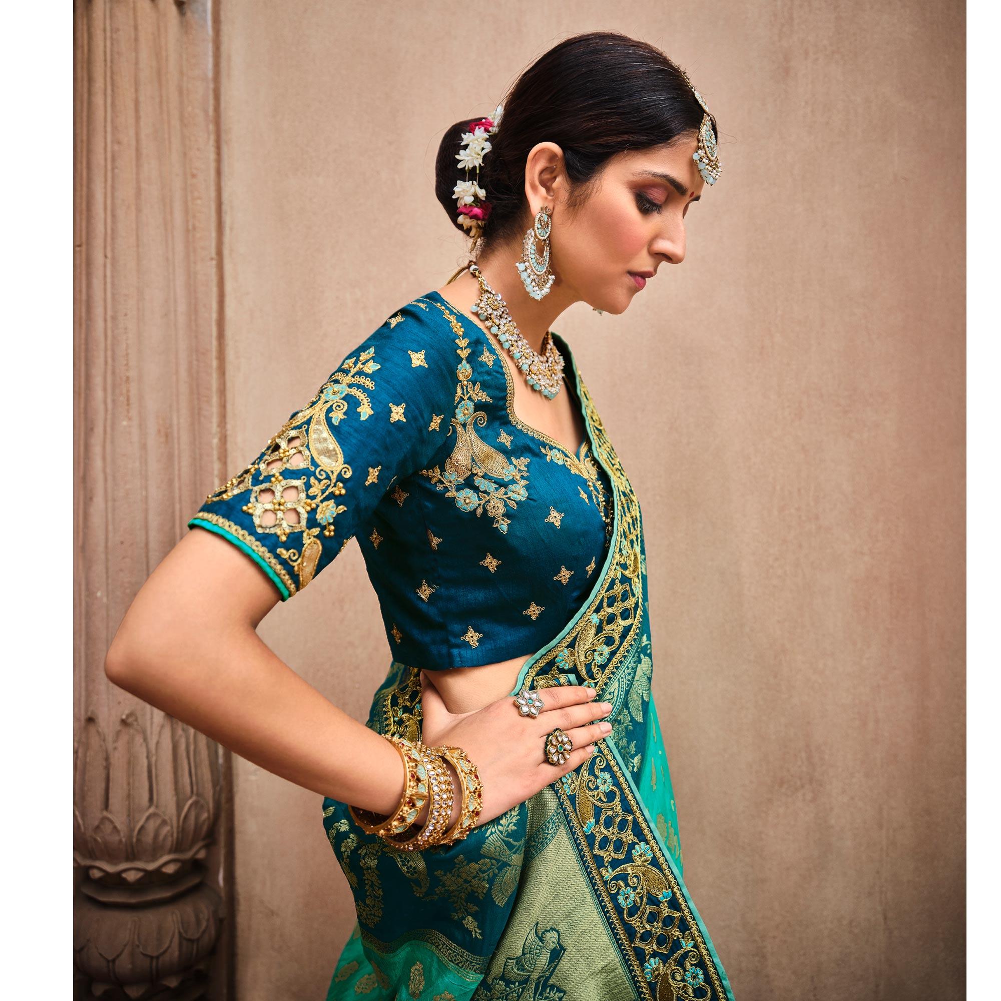 Green-Aqua Blue Festive Wear Woven With Zari & Diamond Work Banarasi Silk Saree - Peachmode