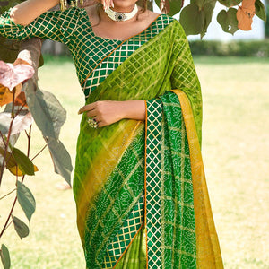 Green Bandhani Printed-Checks Weaving Chiffon Saree - Peachmode