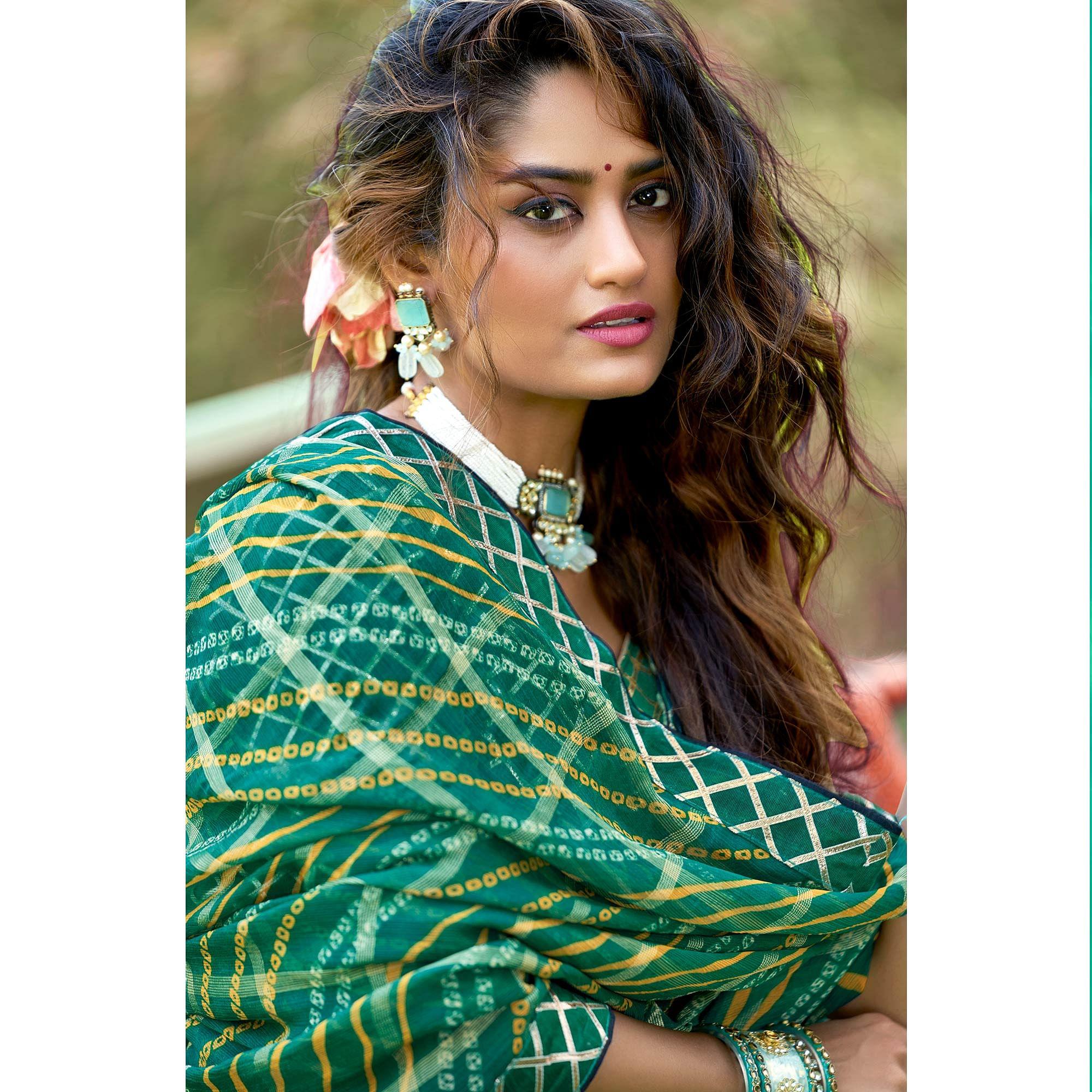 Green Bandhani Printed-Checks Weaving Chiffon Saree - Peachmode