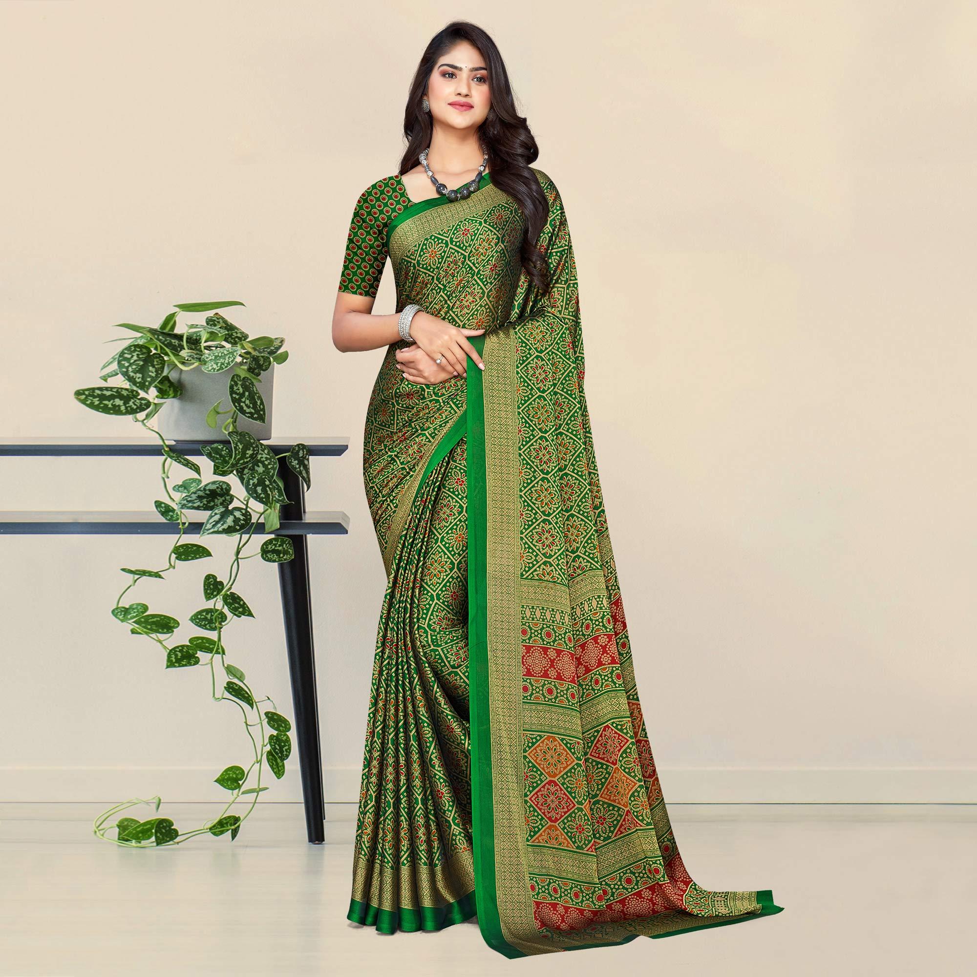 Green Bandhani Printed Chiffon Saree - Peachmode