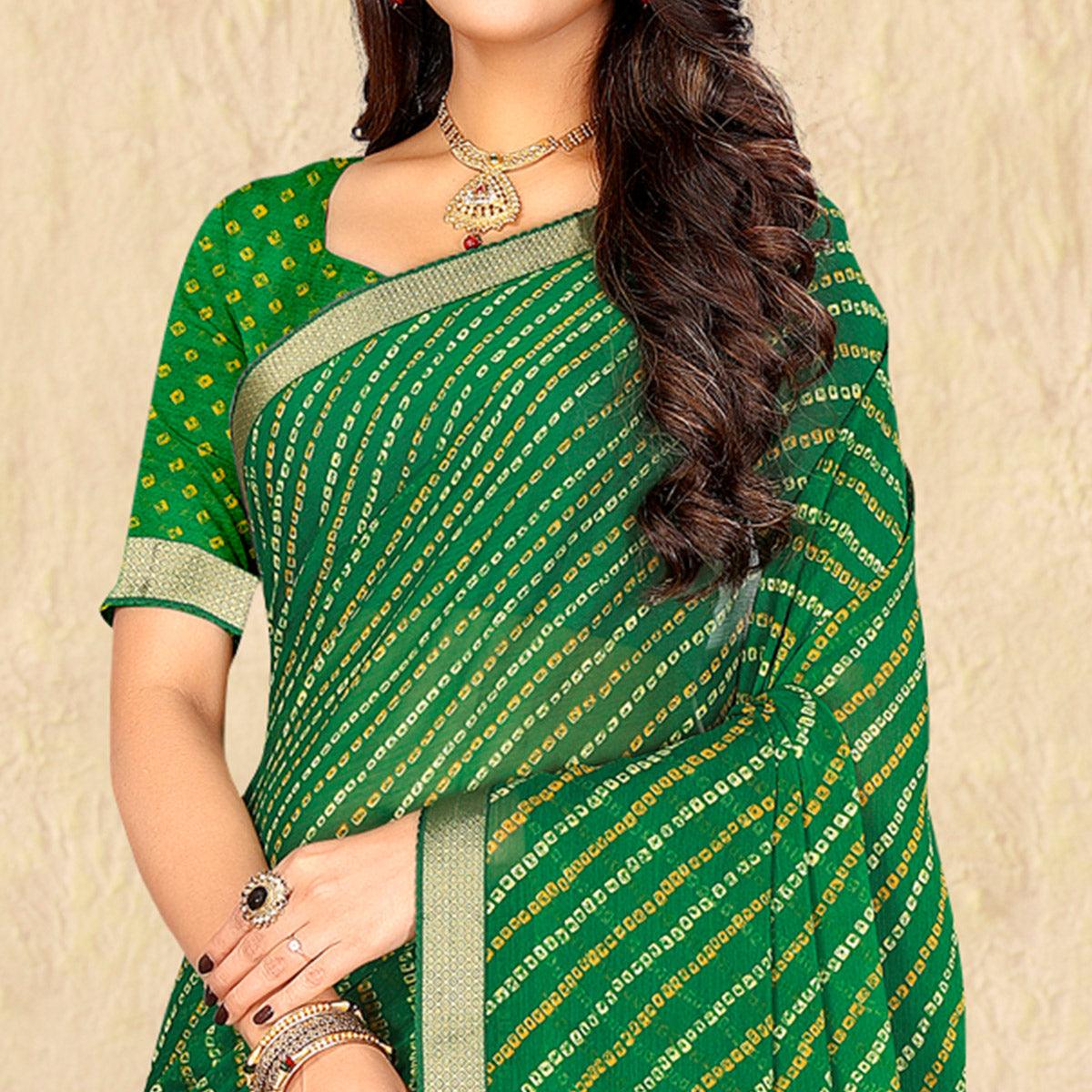 Green Bandhani Printed Chiffon Saree - Peachmode