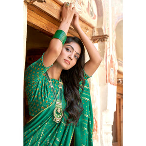 Green Bandhani Printed Chiffon Saree With Tassels - Peachmode