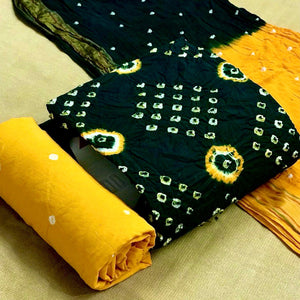 Green Bandhani Printed Cotton Dress Material - Peachmode