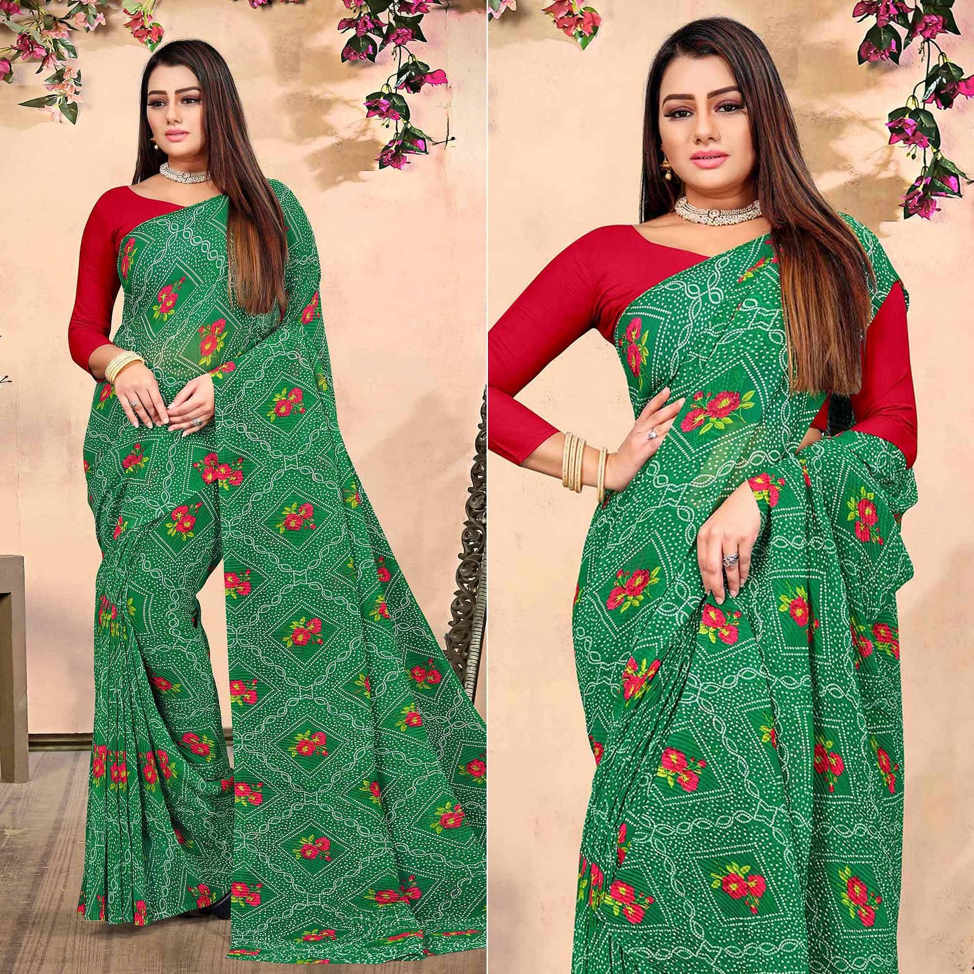 Green Bandhani Printed Georgette Saree - Peachmode