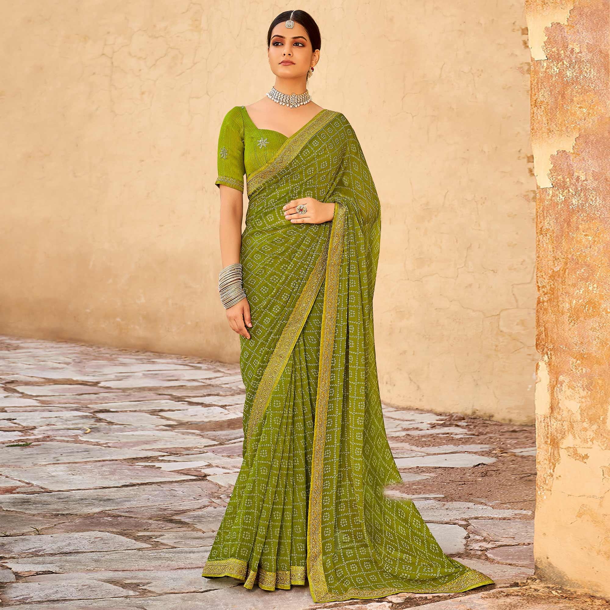 Green Bandhani Printed Georgette Saree - Peachmode