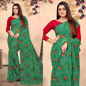 Green Bandhani Printed Georgette Saree - Peachmode