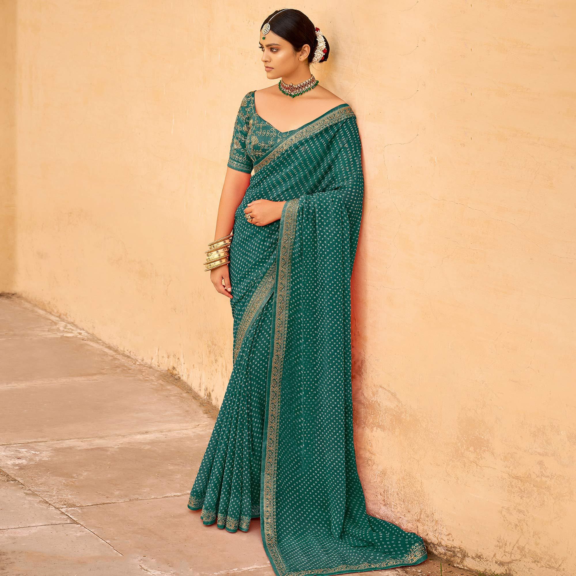 Green Bandhani Printed Georgette Saree - Peachmode