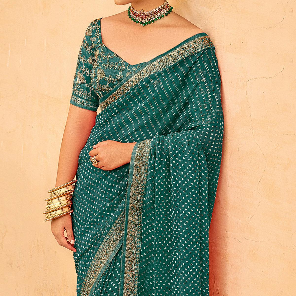 Green Bandhani Printed Georgette Saree - Peachmode