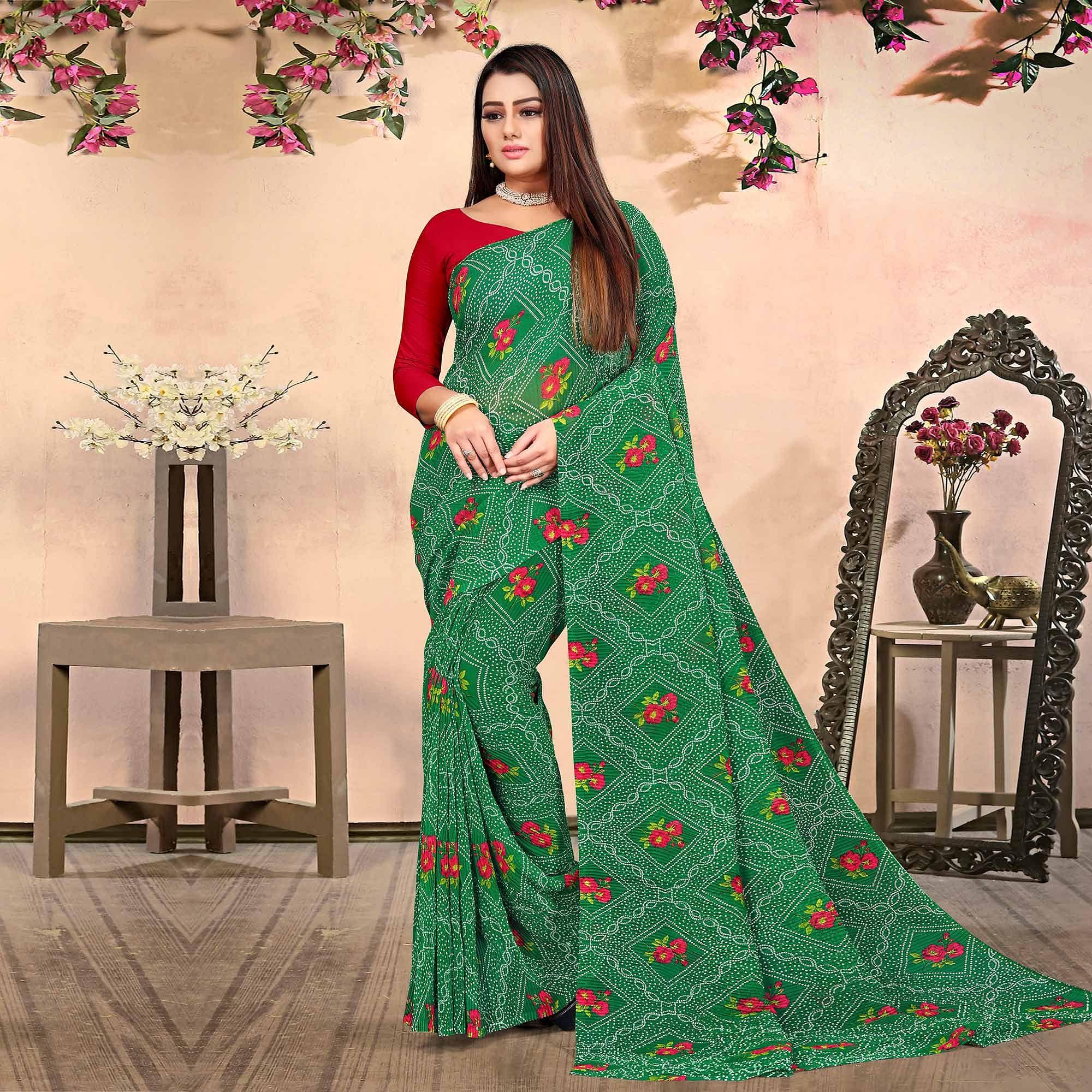 Green Bandhani Printed Georgette Saree - Peachmode