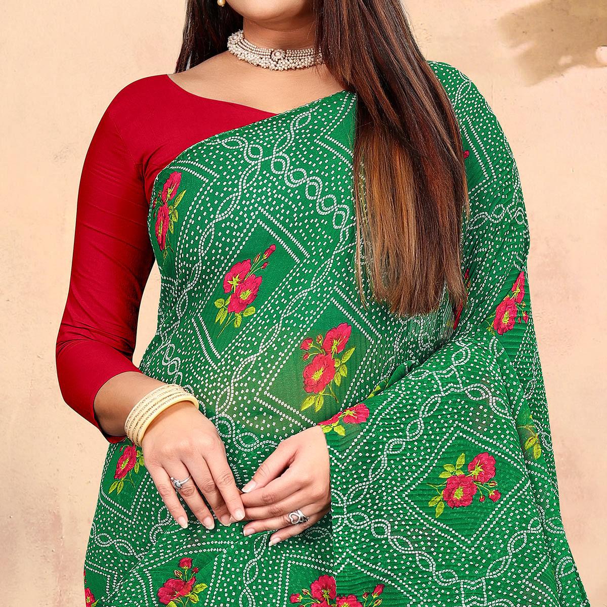 Green Bandhani Printed Georgette Saree - Peachmode
