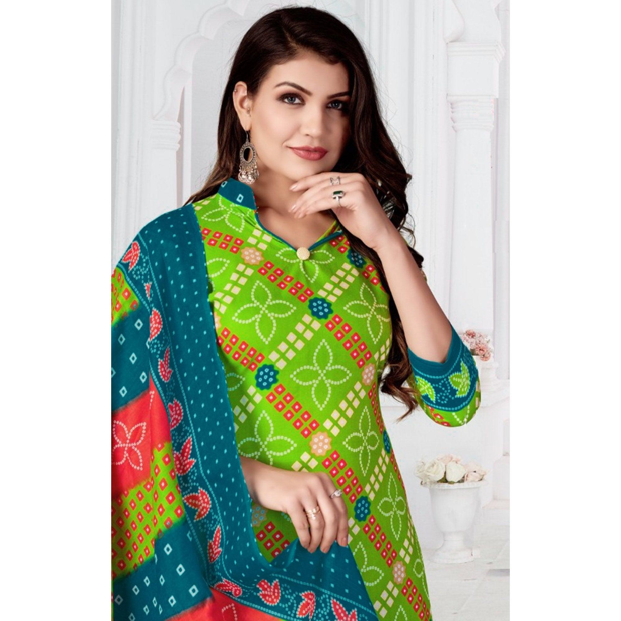 Green Bandhani Printed Poly Cotton Patiala Dress Material - Peachmode