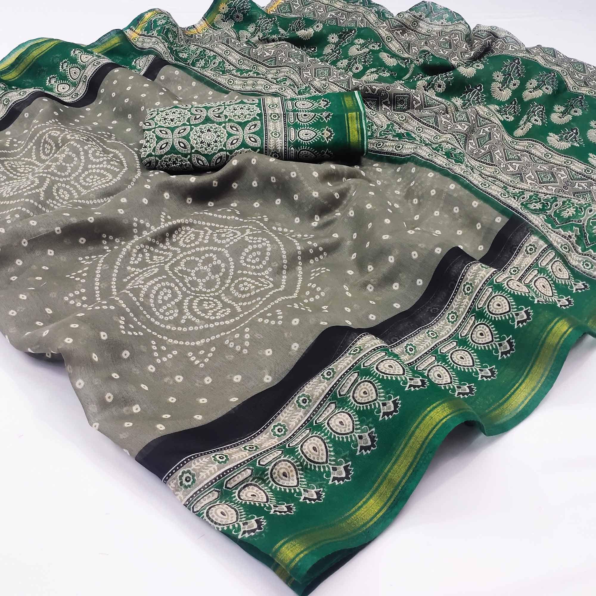 Green Bandhani Printed Poly Cotton Saree - Peachmode