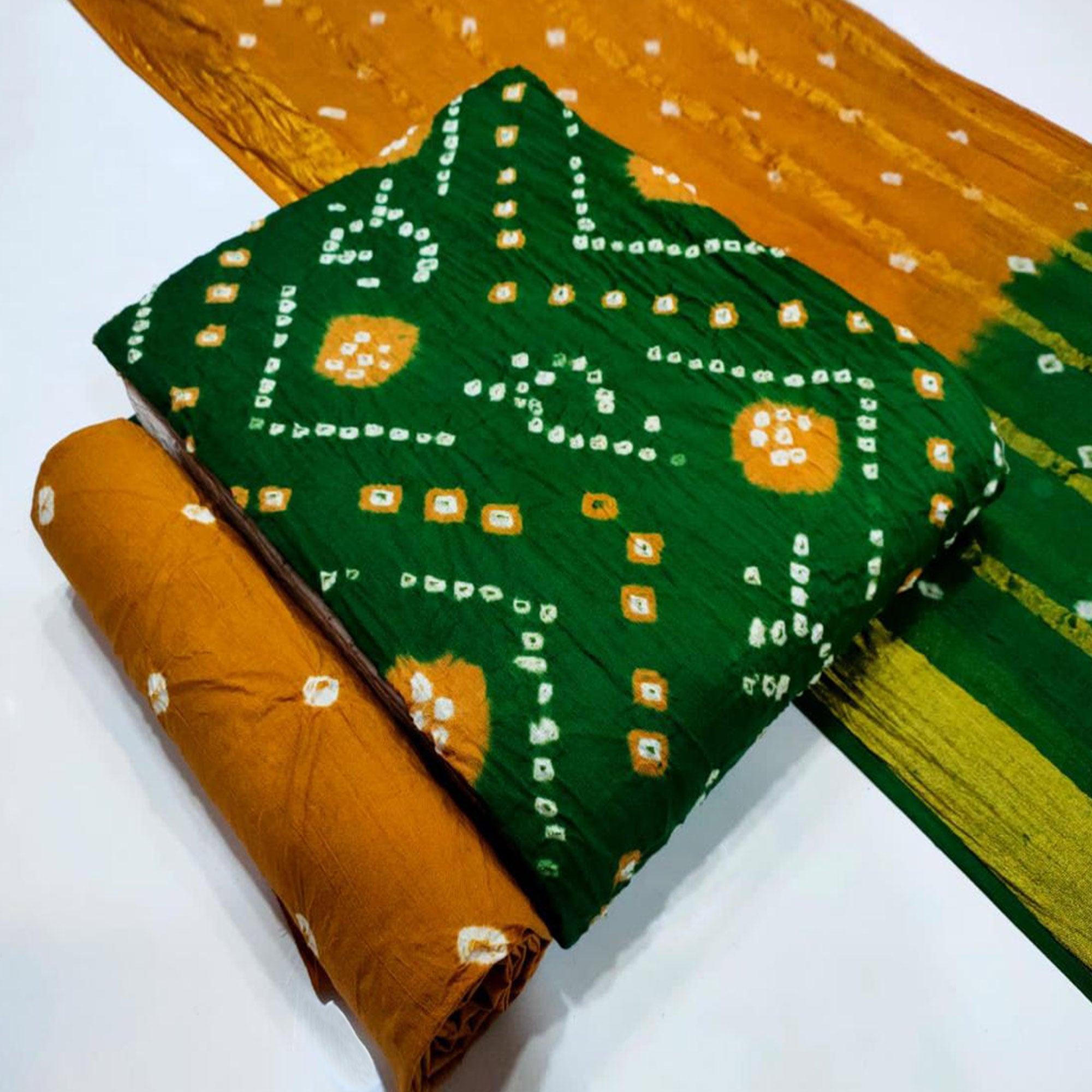 Green Bandhani Printed Pure Cotton Dress Material - Peachmode