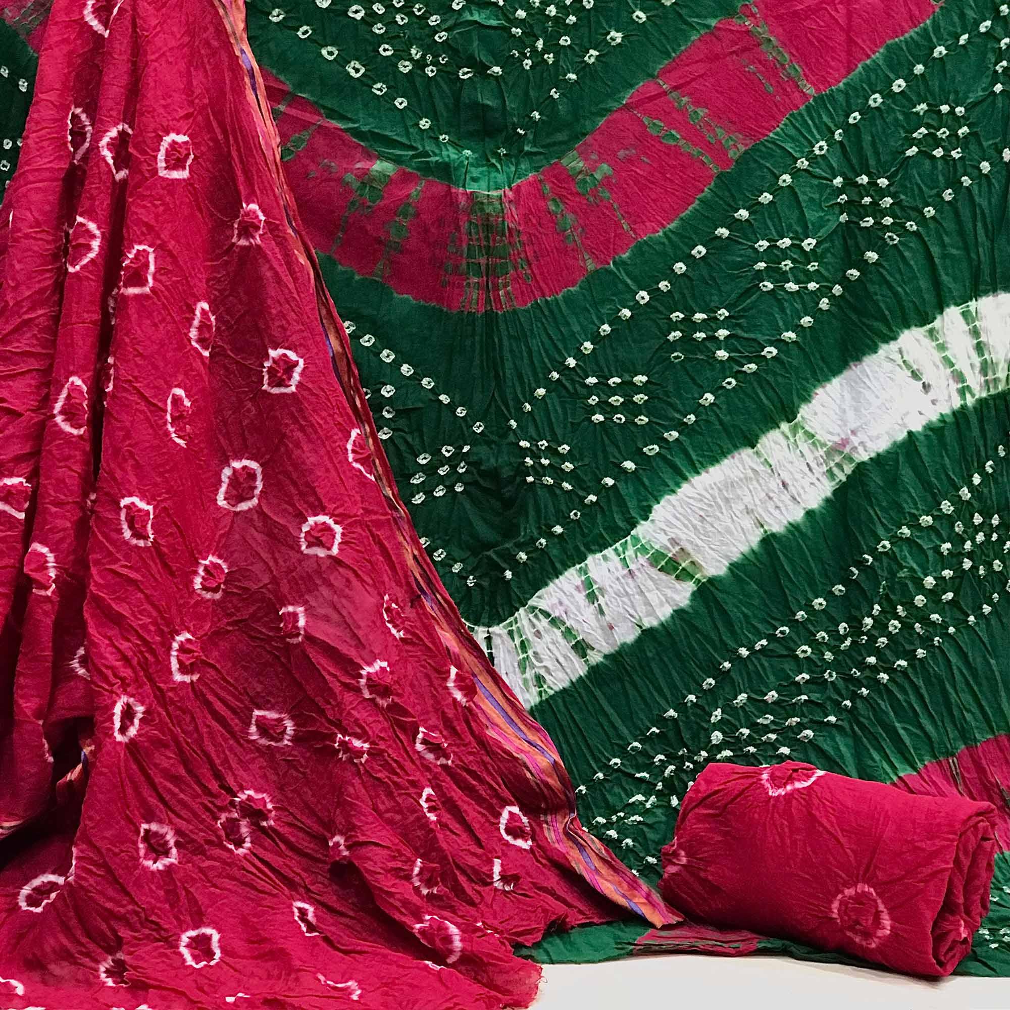 Green Bandhani Printed Pure Cotton Dress Material - Peachmode