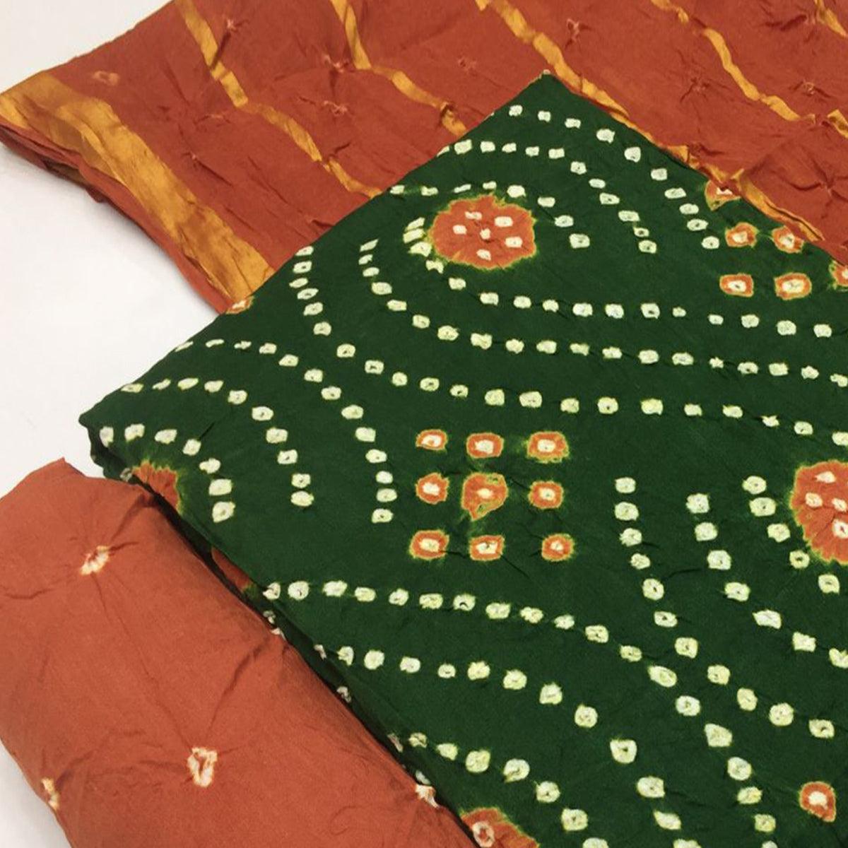 Green Bandhani Printed Pure Cotton Dress Material - Peachmode