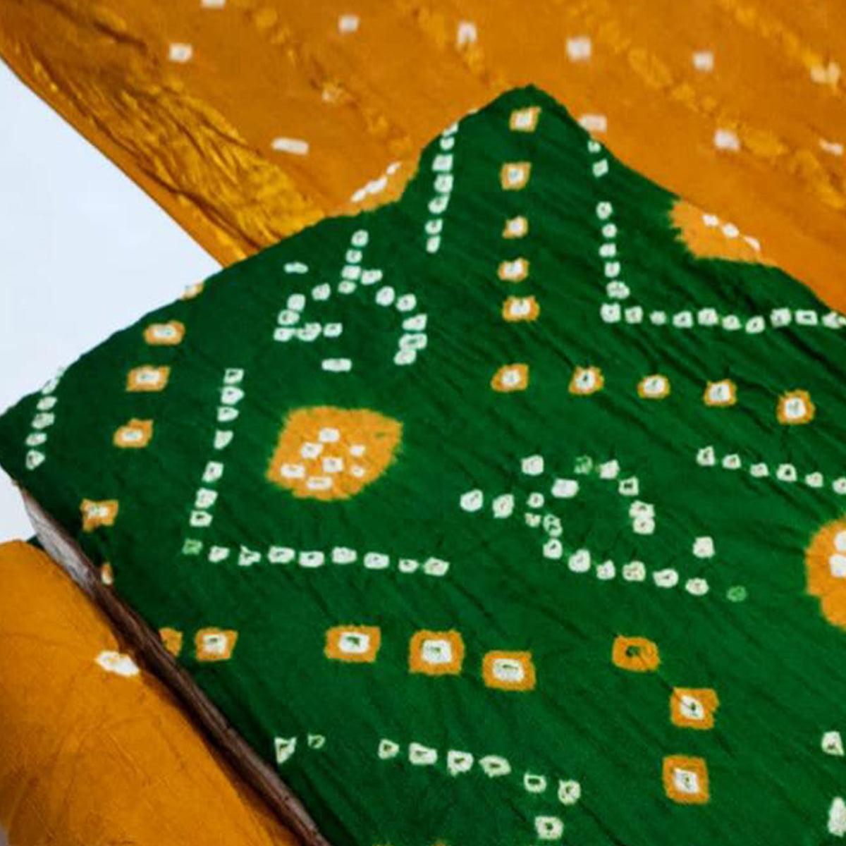 Green Bandhani Printed Pure Cotton Dress Material - Peachmode