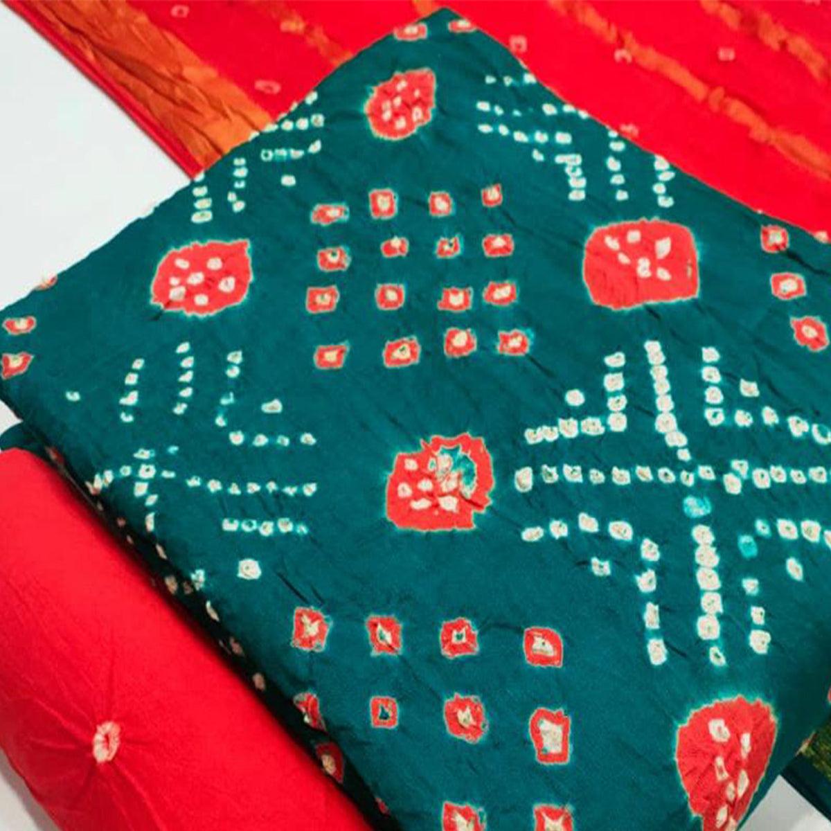 Green Bandhani Printed Pure Cotton Dress Material - Peachmode