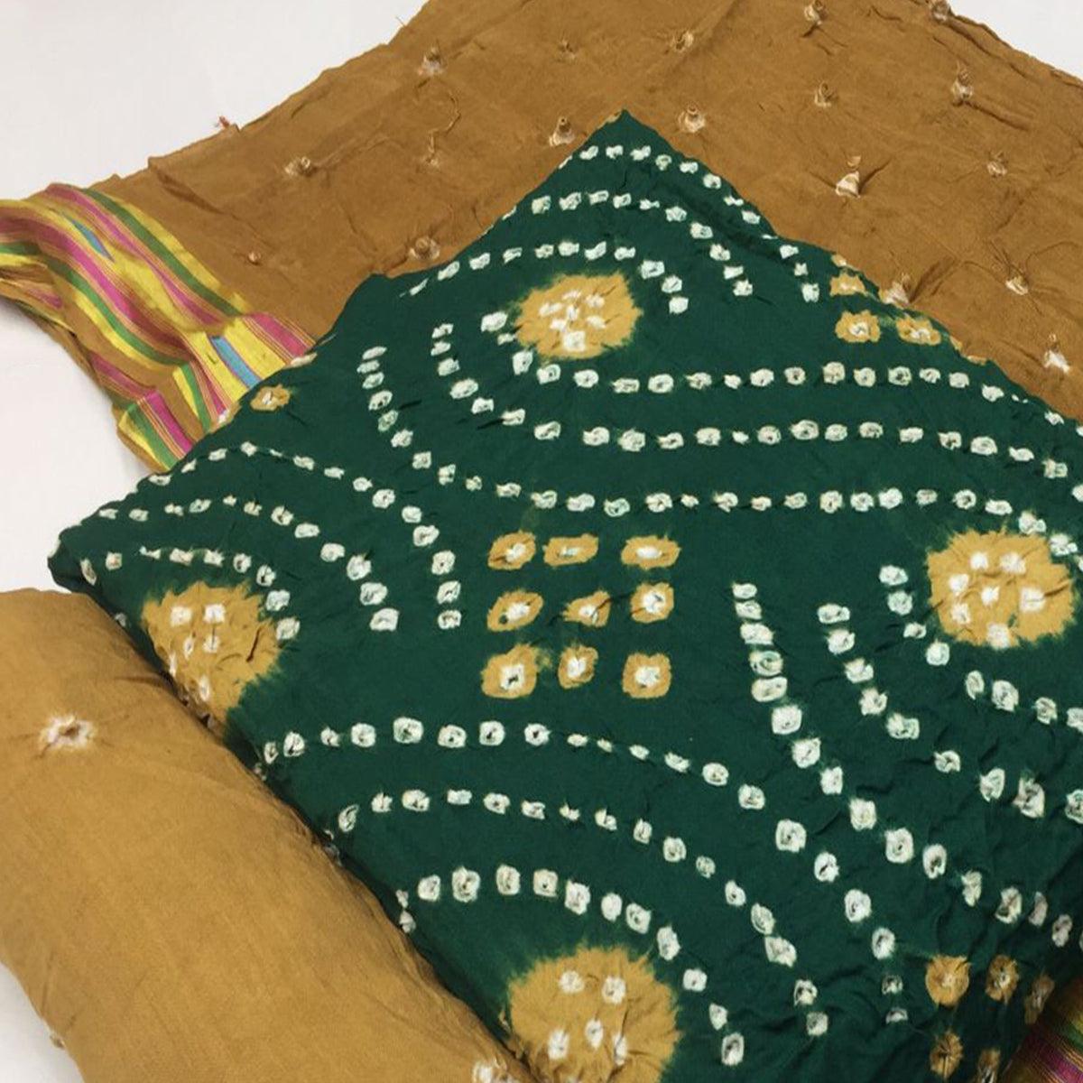 Green Bandhani Printed Pure Cotton Dress Material - Peachmode