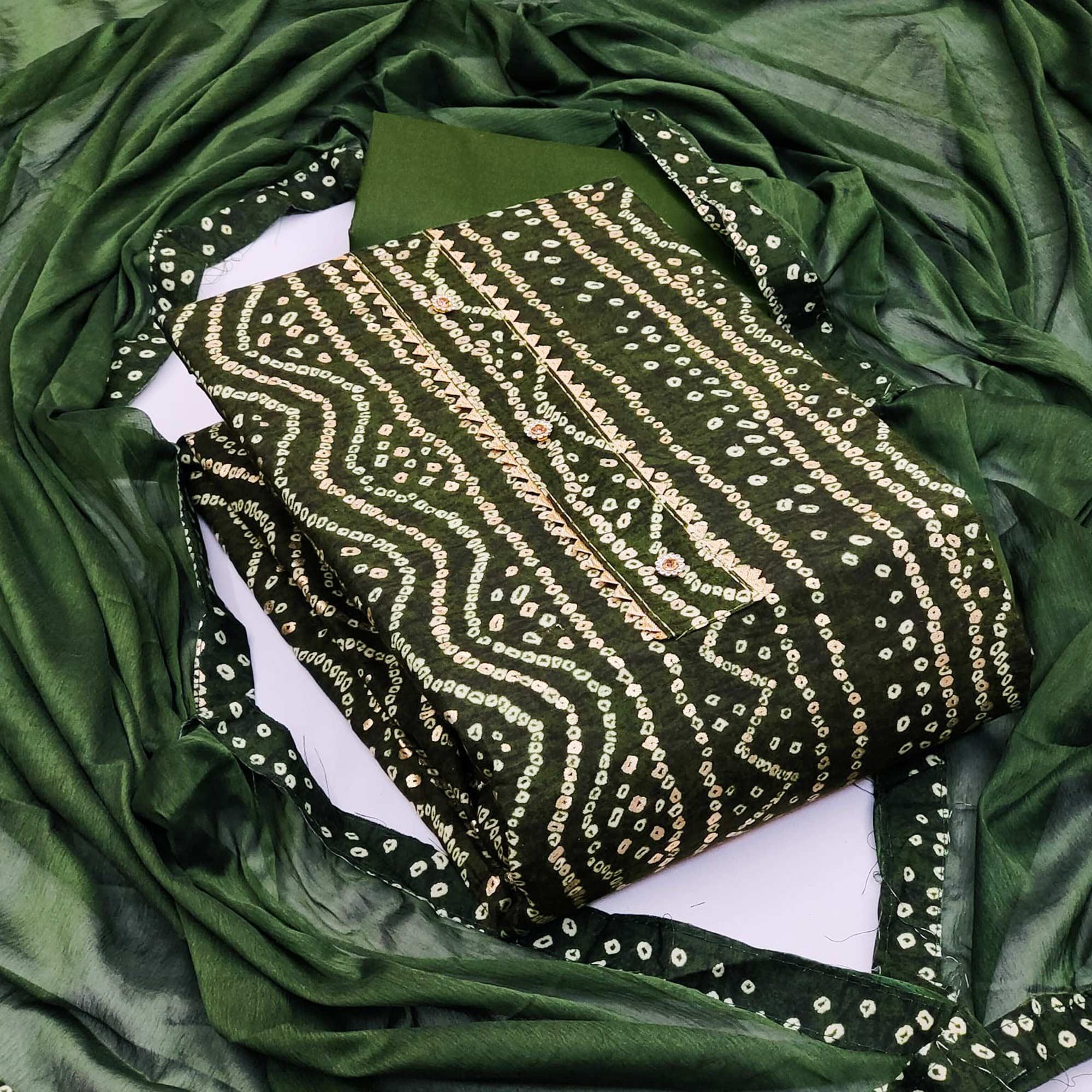 Green Bandhani Printed Rayon Dress Material - Peachmode