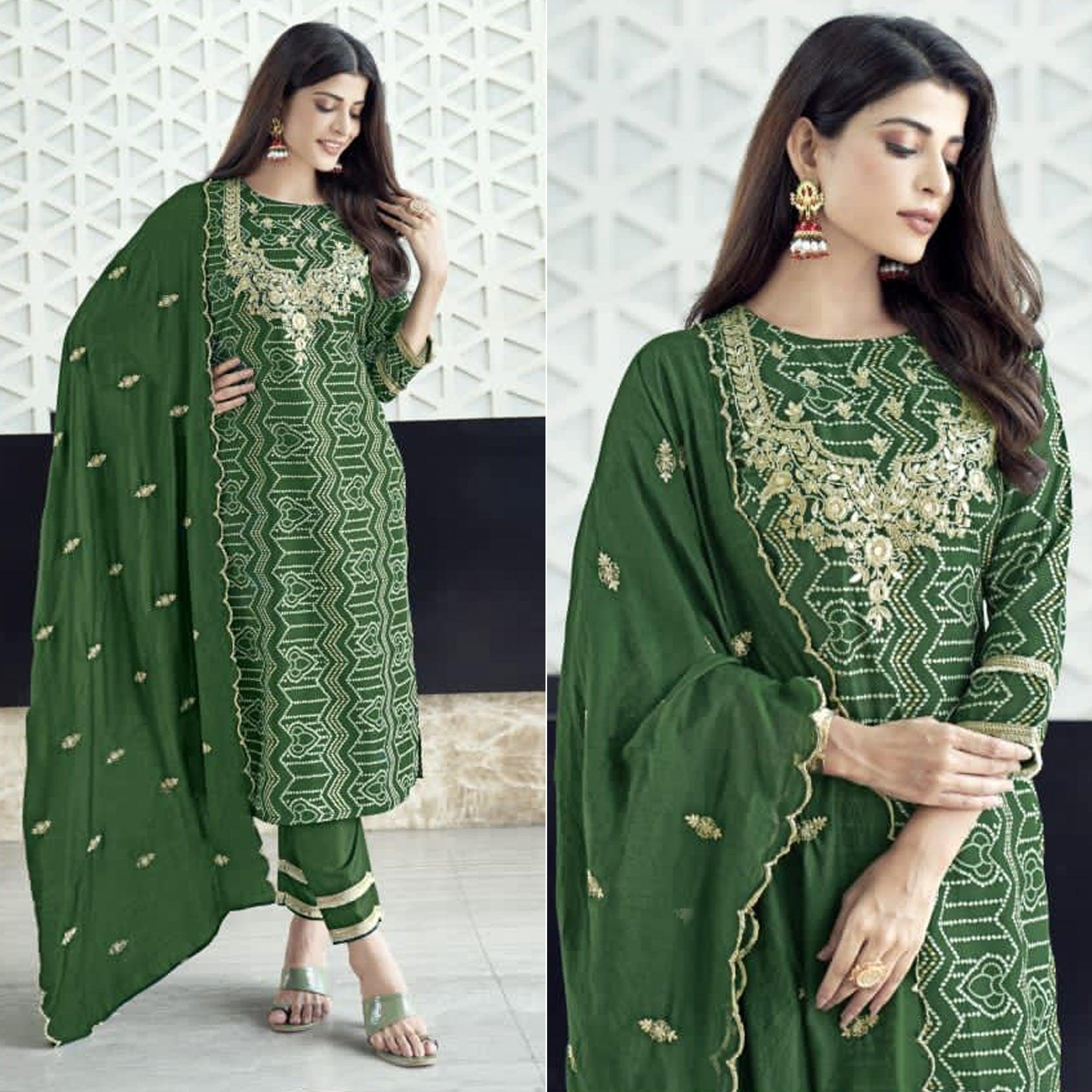 Green Bandhani Printed With Gota Patti Muslin Salwar Suit - Peachmode