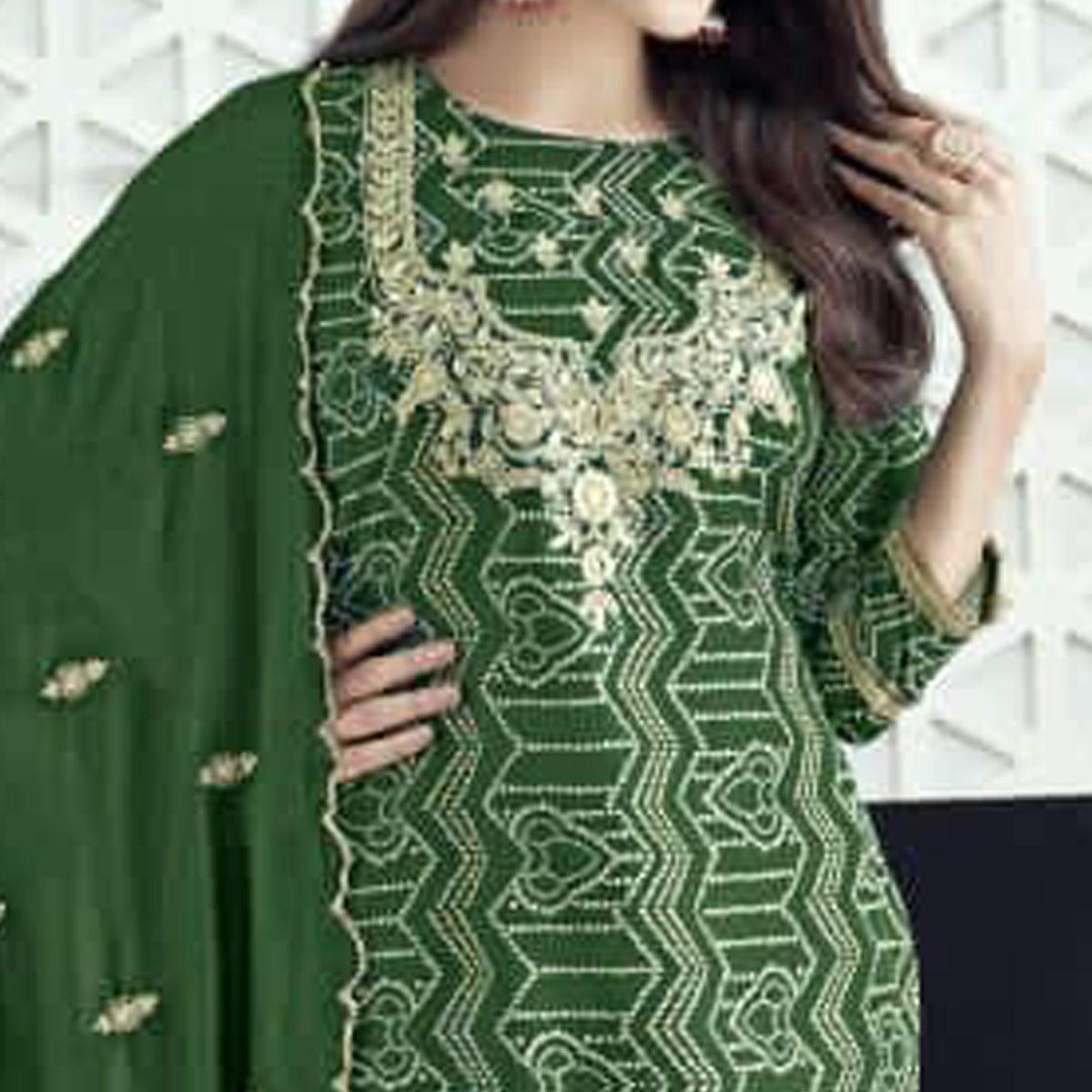 Green Bandhani Printed With Gota Patti Muslin Salwar Suit - Peachmode