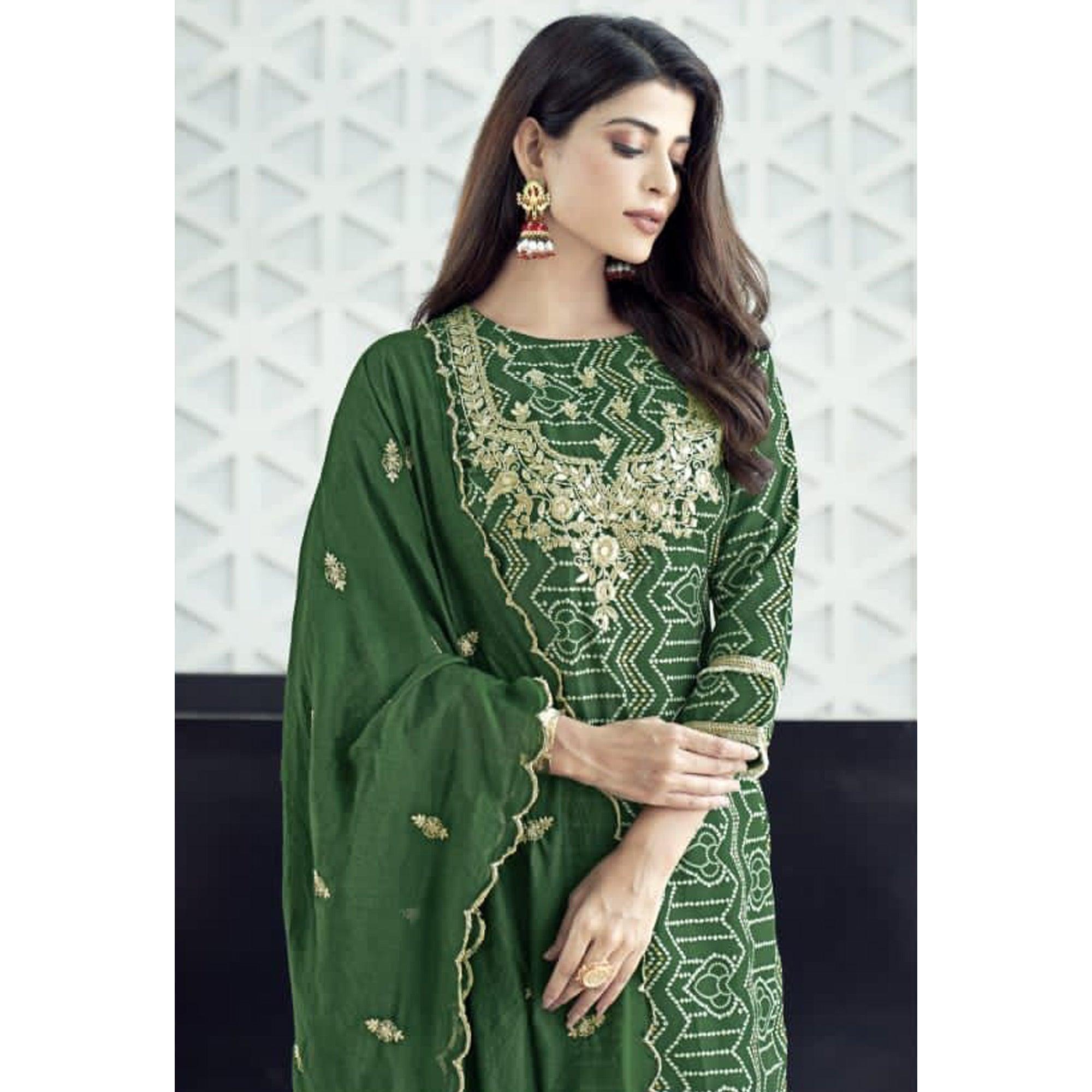 Green Bandhani Printed With Gota Patti Muslin Salwar Suit - Peachmode