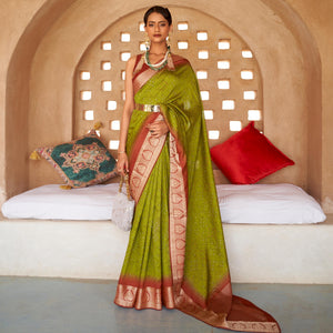 Green Bandhani Printed With Woven Border Art Silk Saree - Peachmode