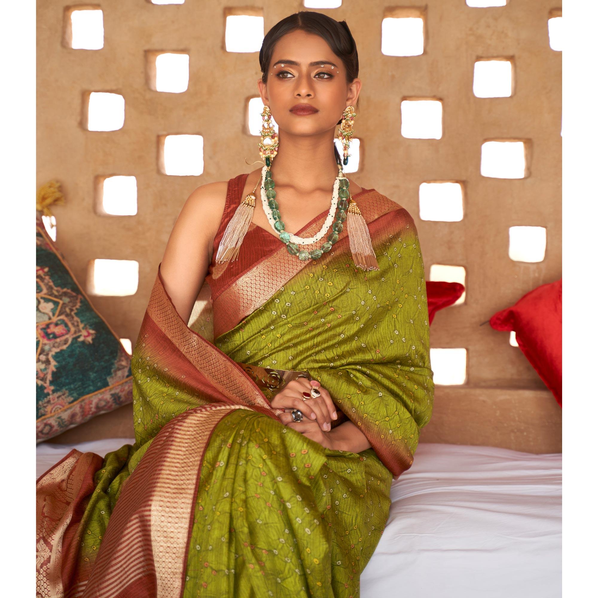 Green Bandhani Printed With Woven Border Art Silk Saree - Peachmode