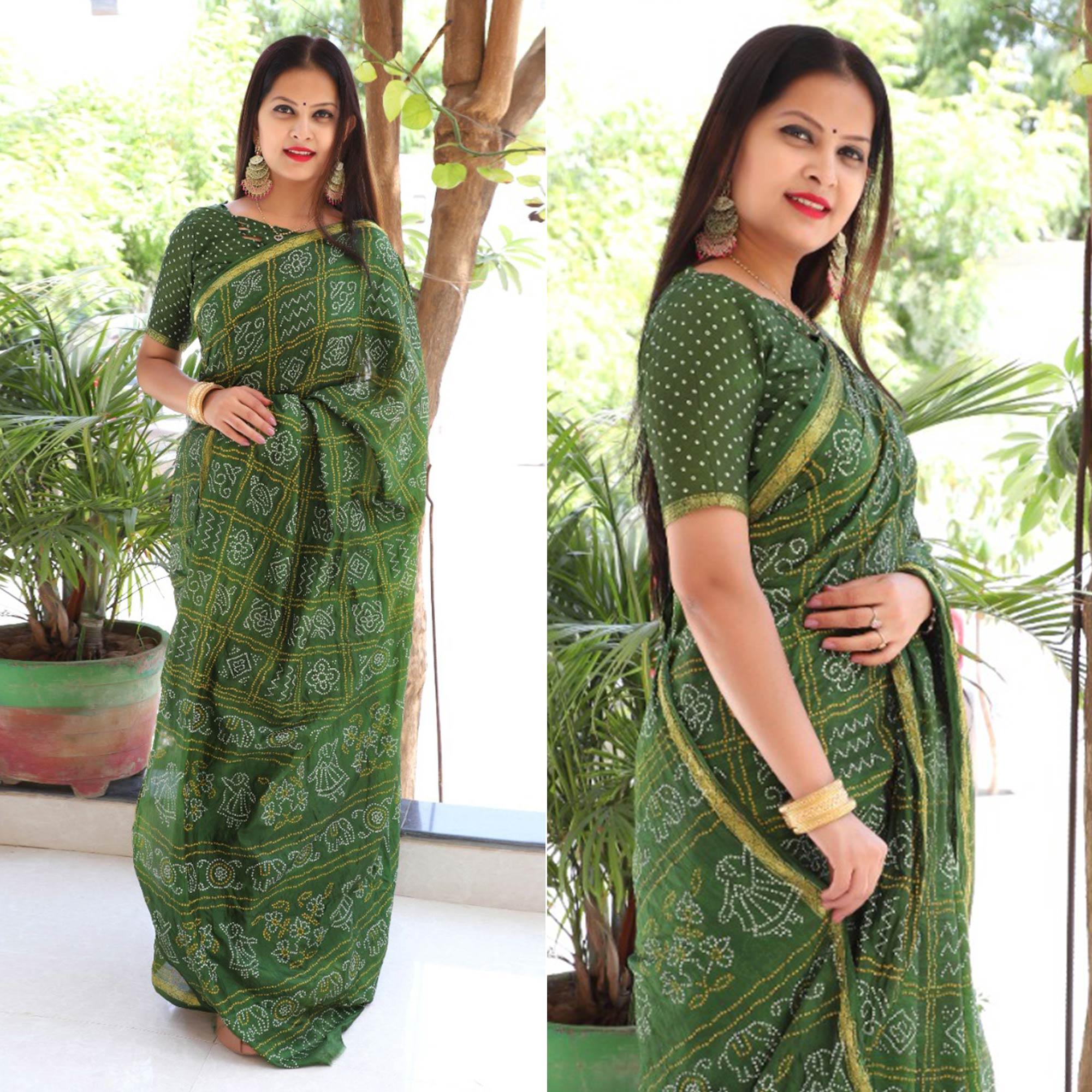 Green Bandhani Printed With Woven Border Tapetta Silk Saree - Peachmode