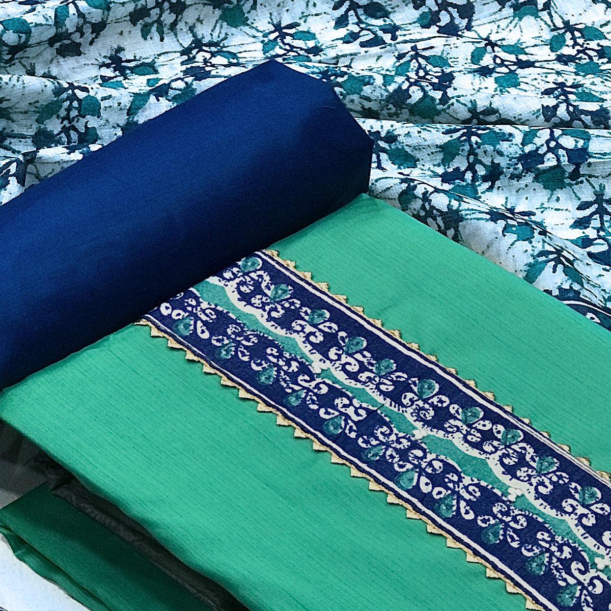 Green Batik Printed Art Silk Dress Material - Peachmode