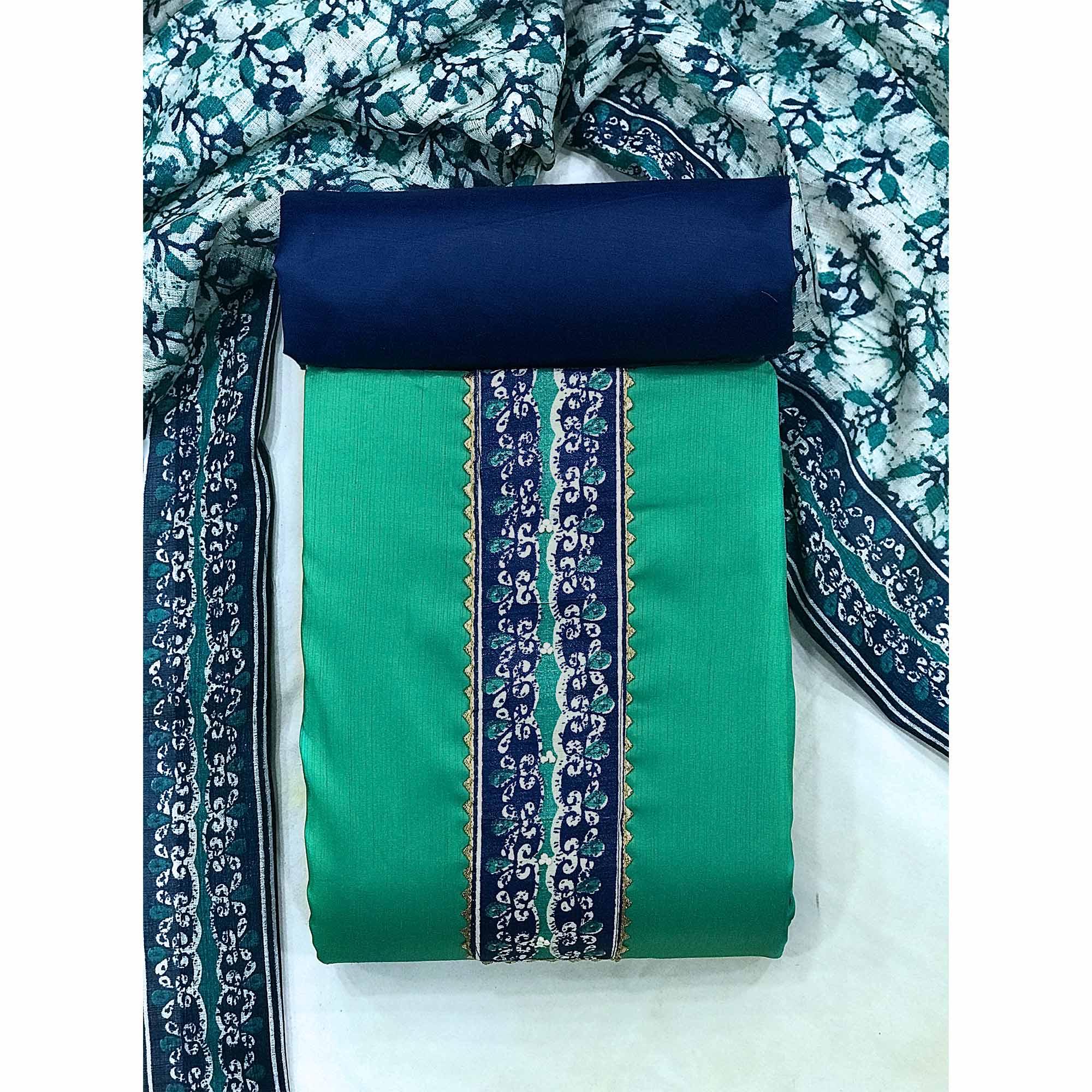 Green Batik Printed Art Silk Dress Material - Peachmode